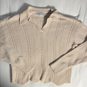 Michael Stars Cream Pointelle V-Neck Collared Sweater - Small